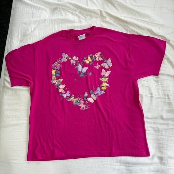Vintage 90s hot pink butterfly heart nature tee size XL - Picture 2 of 8